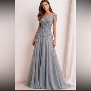 Mon Cheri Slate blue Grey wide Shoulder Lace Appliqué long Gown